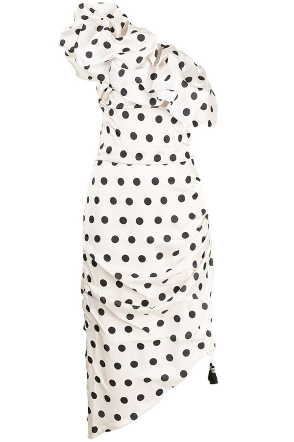 + NET SUSTAIN Unprecedented one-shoulder polka-dot satin midi dress – Johanna Ortiz